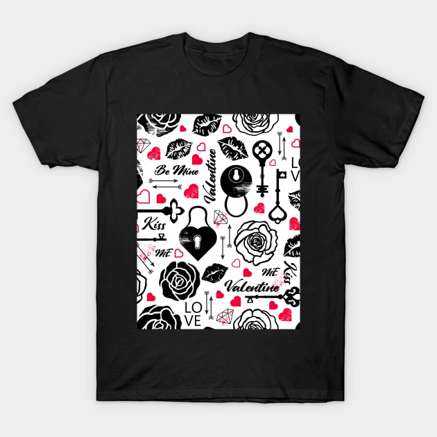 Kitsch Valentine | black, white and red| love pattern T-Shirt by RenattaZare